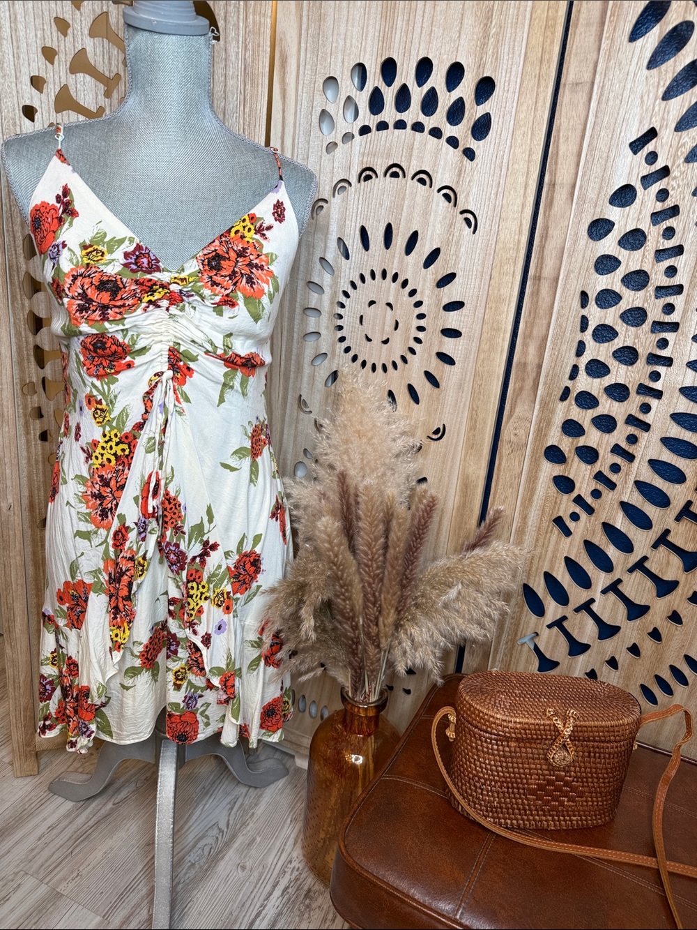 Free People White Floral Spaghetti-Strap Mini Dress with Orange-Red Blooms